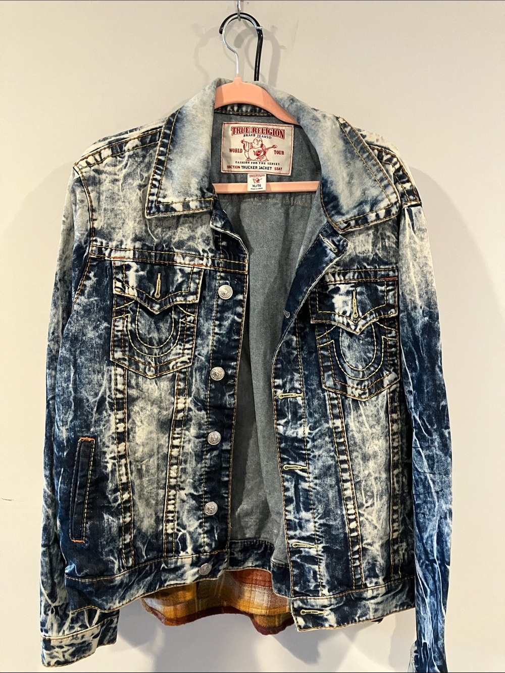 Vintage True Religion Blue and White Acid Wash Denim Jacket size XL